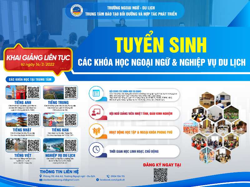 Tuyển sinh các khóa học Ngoại ngữ và Nghiệp vụ Du lịch