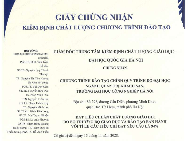 Giấy chứng nhận Kiểm định chất lượng CTĐT ngành Quản trị Khách sạn năm 2023