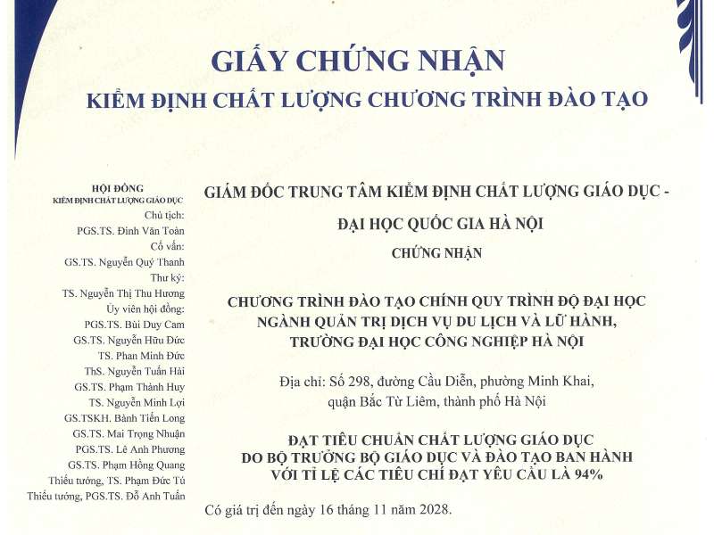 Giấy chứng nhận Kiểm định chất lượng CTĐT ngành Quản trị Dịch vụ Du lịch và Lữ hành năm 2023
