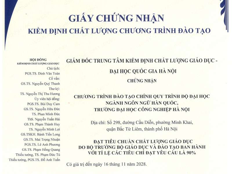 Giấy chứng nhận Kiểm định chất lượng CTĐT ngành Ngôn ngữ Hàn Quốc năm 2023