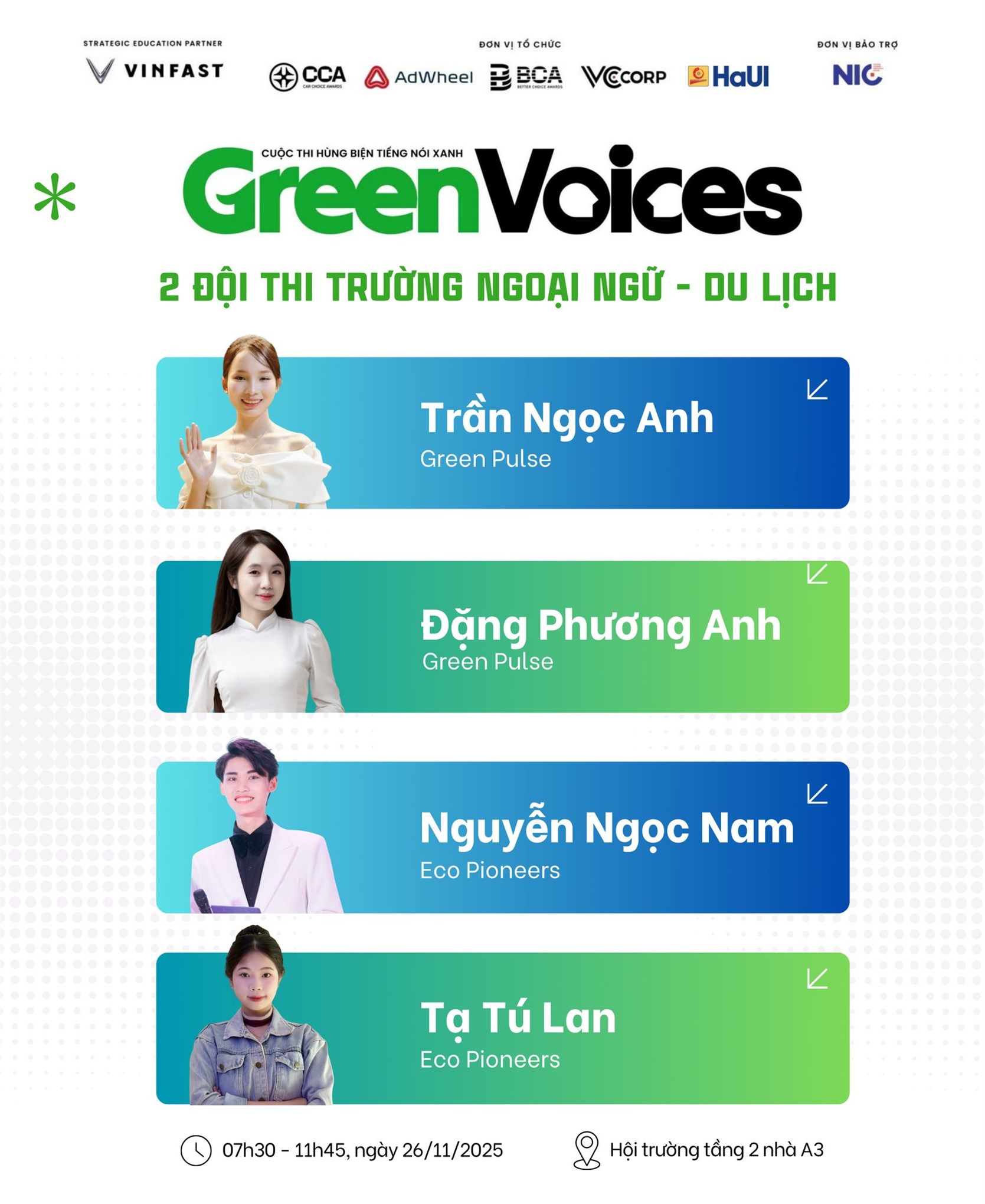 02 đội thi của Trường Ngoại ngữ – Du lịch sẽ góp mặt tại Cuộc thi Hùng biện Green Voices