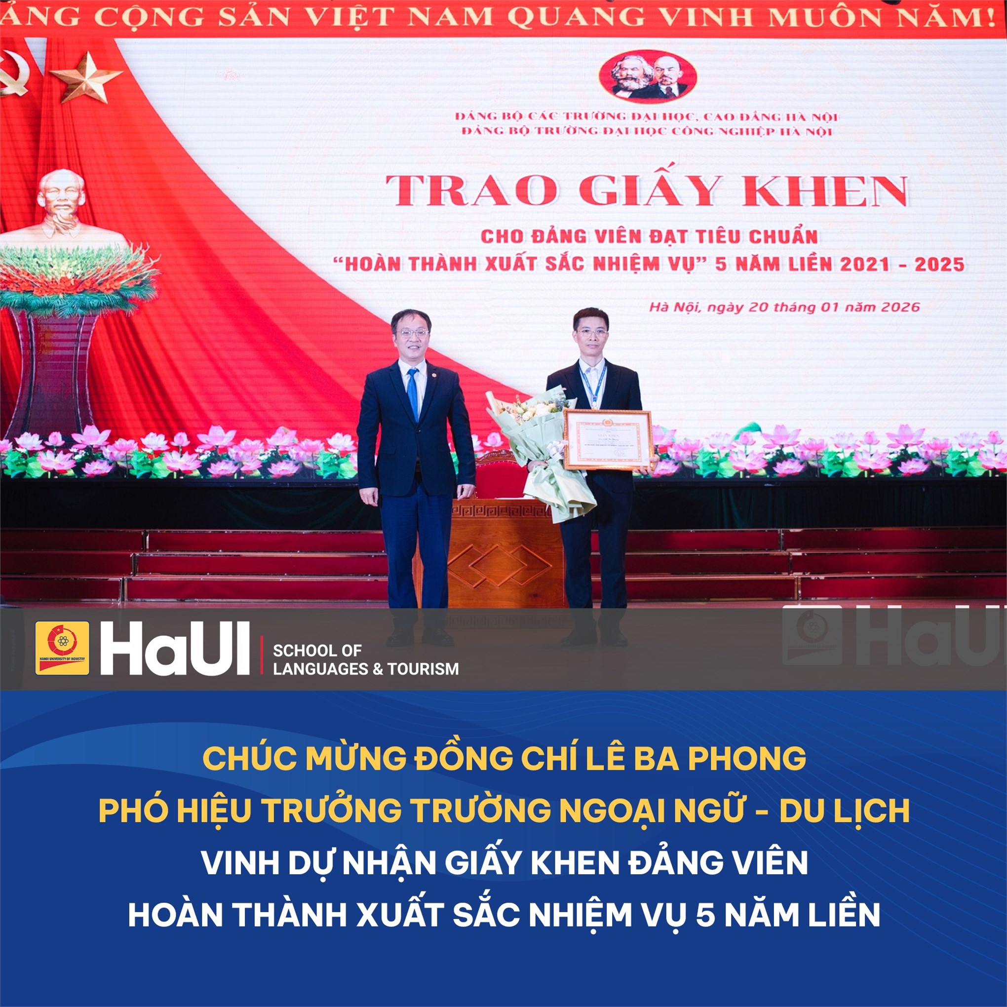 Trường Ngoại ngữ – Du lịch: PGS.TS. Lê Ba Phong được trao tặng Giấy khen đảng viên hoàn thành xuất sắc nhiệm vụ 5 năm liền